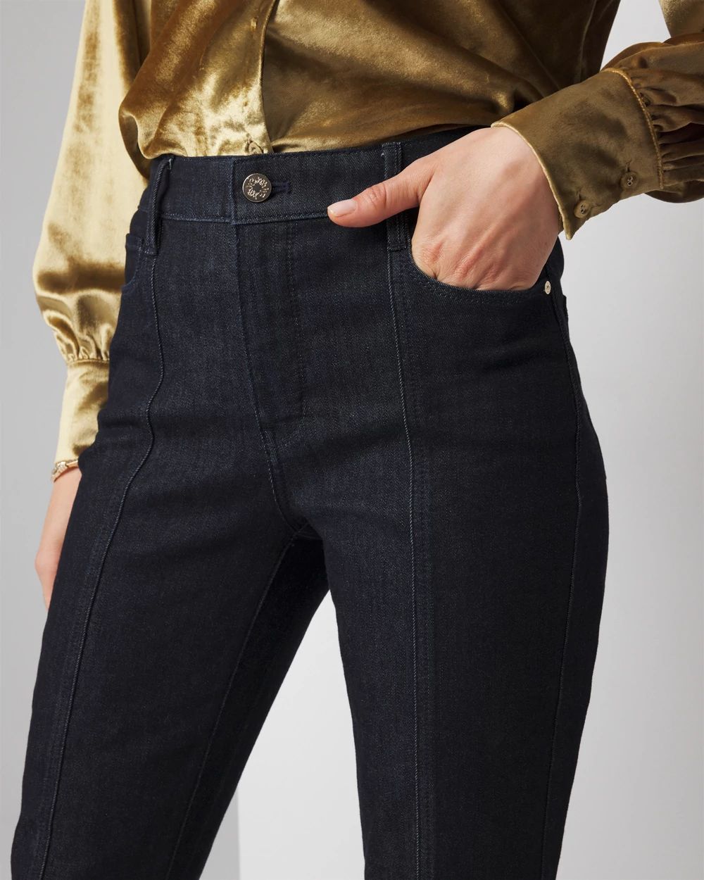 High-Rise Sculpt Skinny Flare Ankle-Slit Jeans | White House